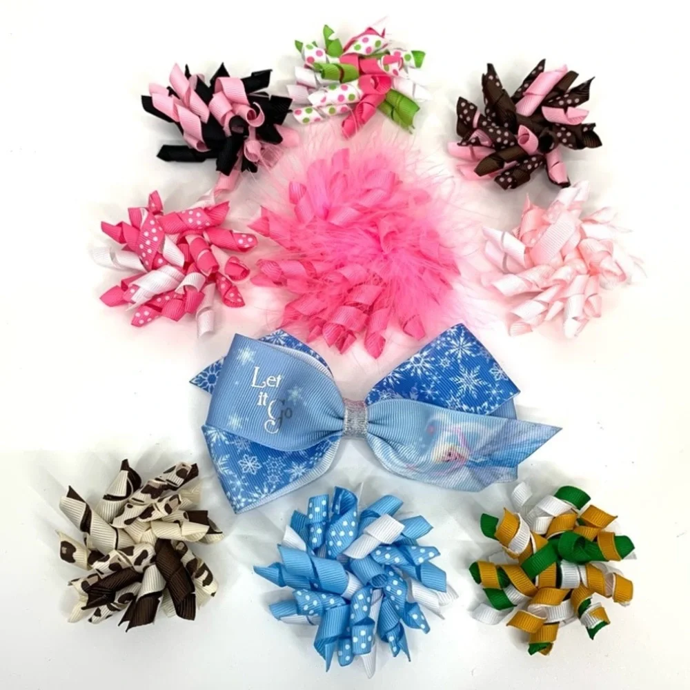 10 Piece Bundle Lot Boutique Girl’s Ribbon Hair Clips & Let It Go Bow Clip